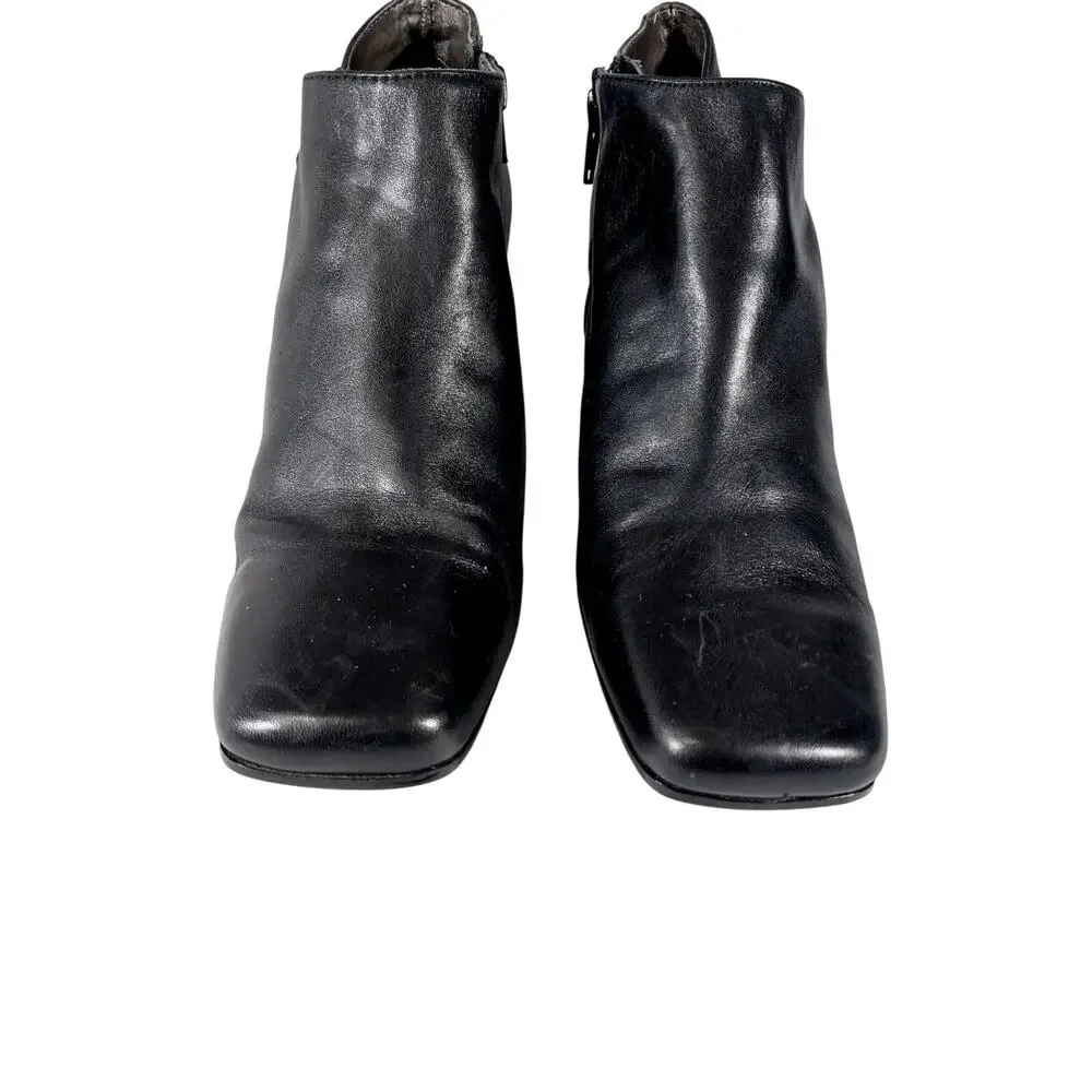 JENNIFER MOORE! BLACK GENUINE LEATHER RECTANGULAR HEEL, ZIP ANKLE BOOTS! SZ 9M